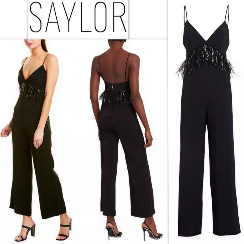 SAYLOR Serena Ostrich Feather Trim Wide Leg Jumpsuit‎ Black Size M